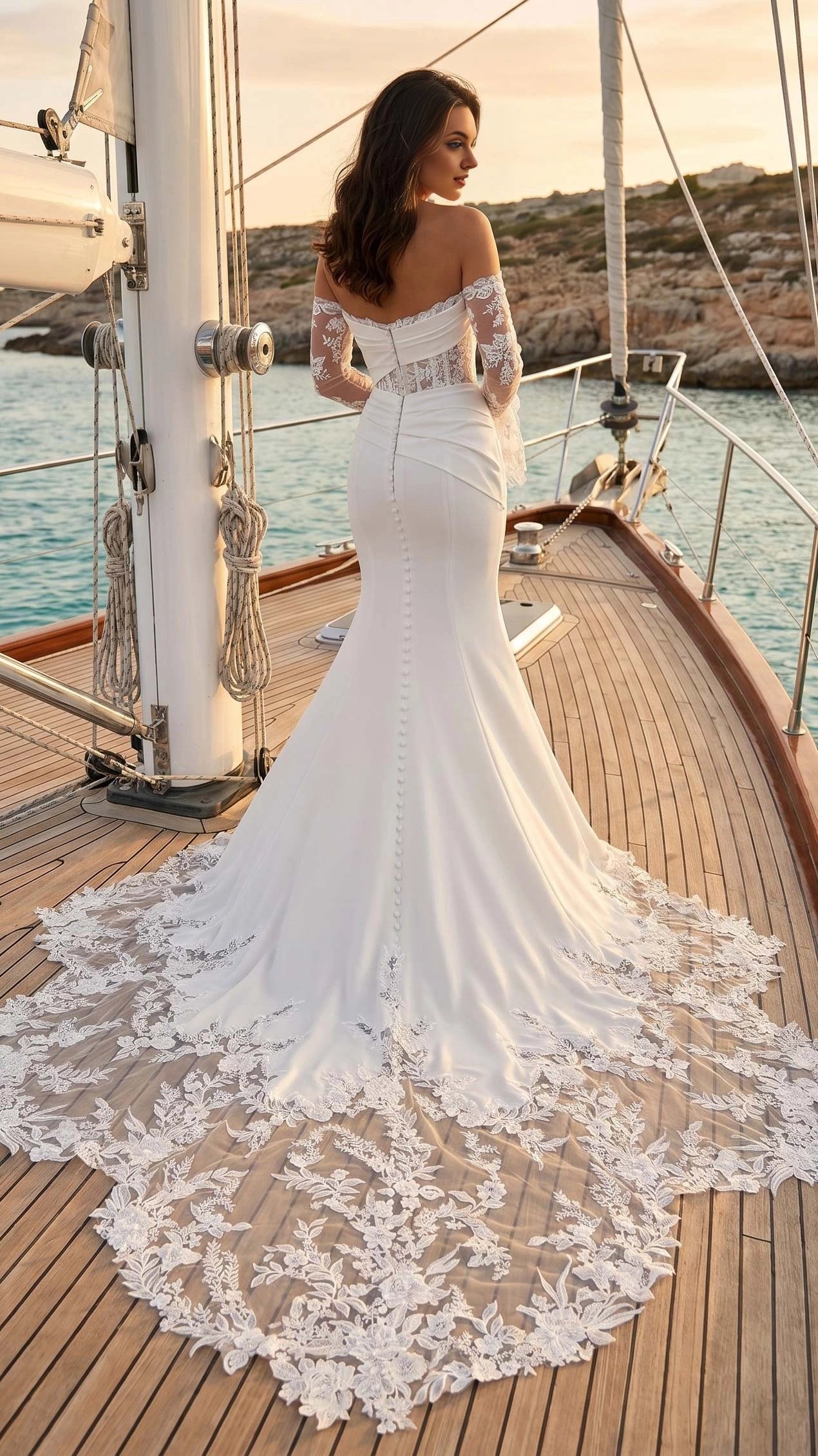 Vedress romantic mermaid bridal gown back view with low back, fabric covered buttons and elaborate floral lace train